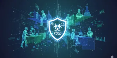 Abstract art representing lab safety culture, with glowing geometric shapes, safety symbols, and data streams, emphasizing technological integration.