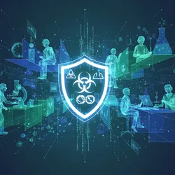 Abstract art representing lab safety culture, with glowing geometric shapes, safety symbols, and data streams, emphasizing technological integration.