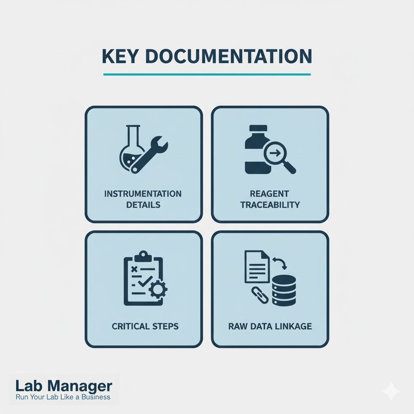 Infographic describing the key documentation requirements for reproducibility.