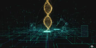 Abstract depiction of intelligent laboratory automation: glowing blue and green data lattice with robotic arm silhouettes and a golden DNA helix in a modern high-throughput academic research setting.