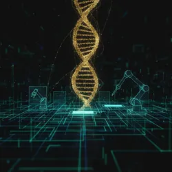 Abstract depiction of intelligent laboratory automation: glowing blue and green data lattice with robotic arm silhouettes and a golden DNA helix in a modern high-throughput academic research setting.