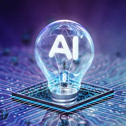 Light bulb with AI text on a circuit board, representing AI-driven research