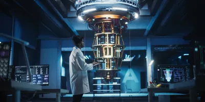 Scientist observing a quantum computer in a lab