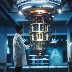 Scientist observing a quantum computer in a lab