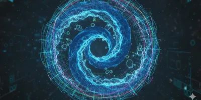 Abstract visualization of advanced climate-driven water testing, showing a luminous data grid (HRMS/LIMS) analyzing contaminants in a swirling blue water current.