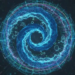 Abstract visualization of advanced climate-driven water testing, showing a luminous data grid (HRMS/LIMS) analyzing contaminants in a swirling blue water current.