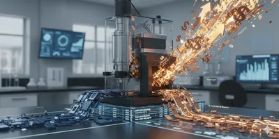 Abstract depiction of financial stability in water quality laboratories, showing public utility funds (blue stream) and private commercial capital (gold stream) converging on a mass spectrometer, symbolizing investment in compliance and technology.