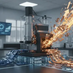 Abstract depiction of financial stability in water quality laboratories, showing public utility funds (blue stream) and private commercial capital (gold stream) converging on a mass spectrometer, symbolizing investment in compliance and technology.