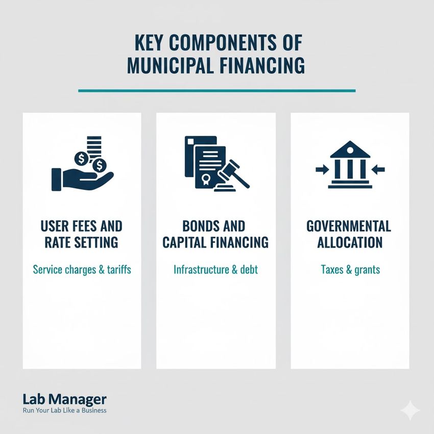 Infographic showing the three core elements of municipal financing: User Fees, Bonds and Capital Financing, and Governmental Allocation (Taxes & Grants).