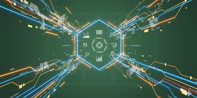 Abstract digital representation of high-volume lab sampling workflows with glowing hexagonal core, data lines, and icons for standardization, automation, and data integrity.