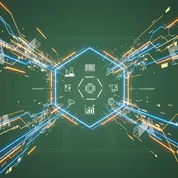 Abstract digital representation of high-volume lab sampling workflows with glowing hexagonal core, data lines, and icons for standardization, automation, and data integrity.