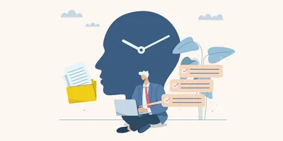 Illustration of a businessperson working on a laptop in front of a large head-shaped clock, symbolizing productivity, task management, and time optimization in a lab environment.