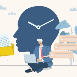 Illustration of a businessperson working on a laptop in front of a large head-shaped clock, symbolizing productivity, task management, and time optimization in a lab environment.