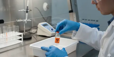 Researcher in PPE placing a biohazard-labeled water sample vial into a secondary containment tray on a lab bench, demonstrating strict laboratory safety protocols for contaminated sample handling.