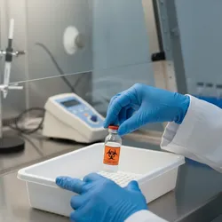 Researcher in PPE placing a biohazard-labeled water sample vial into a secondary containment tray on a lab bench, demonstrating strict laboratory safety protocols for contaminated sample handling.
