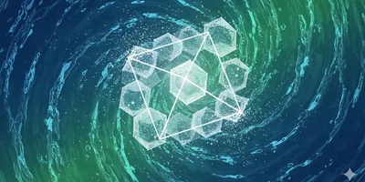 Abstract visualization of water analysis quality control using glowing geometric forms on a blue-green background.