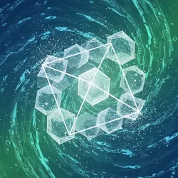 Abstract visualization of water analysis quality control using glowing geometric forms on a blue-green background.