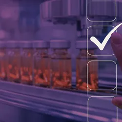a hand touching a digital checkmark interface, symbolizing quality control or approval. The background shows vials on a production line in a pharmaceutical or medical setting