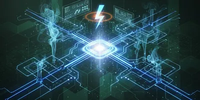 Abstract digital rendering of infrastructure upgrades in a water testing facility, showing glowing blue data lines, a central processing core, and geometric patterns representing modern systems.