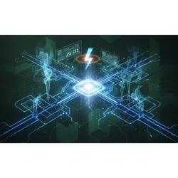 Abstract digital rendering of infrastructure upgrades in a water testing facility, showing glowing blue data lines, a central processing core, and geometric patterns representing modern systems.