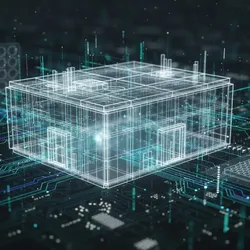 Abstract digital art of a transparent wireframe industrial research lab structure overlaid with glowing blue and green data streams and high-throughput screening schematic, symbolizing strategic R&D and digital infrastructure.