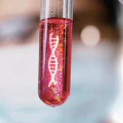 Scientist holding up a blood vial with an illustration of DNA