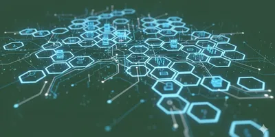 Abstract digital art showing a connected network of glowing blue and white hexagonal nodes on a green background, symbolizing integrated multisite clinical lab data and logistics.