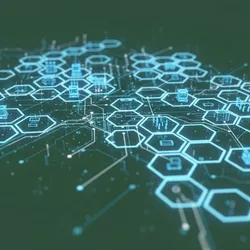 Abstract digital art showing a connected network of glowing blue and white hexagonal nodes on a green background, symbolizing integrated multisite clinical lab data and logistics.