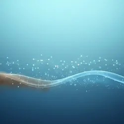 Abstract image depicting water quality monitoring with a wave showing pollution to clarity and a network symbolizing data.