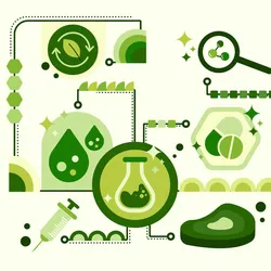 Illustration of sustainable laboratory practices with green elements.
