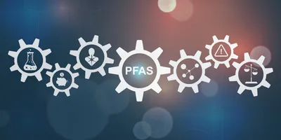 PFAS-related icons inside gears representing regulatory changes