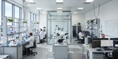 A wide shot of a brightly lit, modern biology lab showing scientists working at various stations, including wet labs, microscopy, and computer analysis, emphasizing advanced research and safety.