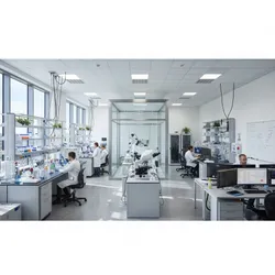 A wide shot of a brightly lit, modern biology lab showing scientists working at various stations, including wet labs, microscopy, and computer analysis, emphasizing advanced research and safety.
