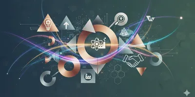 Abstract art symbolizing cross-sector industrial R&D, showing interconnected geometric shapes, flowing lines, and a sophisticated color palette representing collaboration, data flow, innovation, and strategic alignment across diverse scientific disciplines.