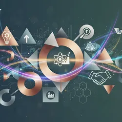 Abstract art symbolizing cross-sector industrial R&D, showing interconnected geometric shapes, flowing lines, and a sophisticated color palette representing collaboration, data flow, innovation, and strategic alignment across diverse scientific disciplines.