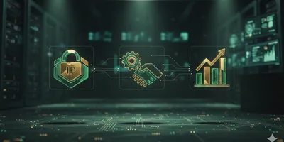 Abstract 3D render illustrating IP, Partnerships, and ROI connection in a corporate R&D lab, featuring glowing lock, gears, and financial growth graph icons.