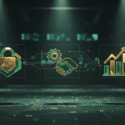 Abstract 3D render illustrating IP, Partnerships, and ROI connection in a corporate R&D lab, featuring glowing lock, gears, and financial growth graph icons.