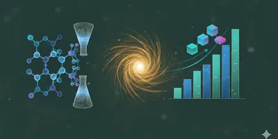 Abstract digital illustration depicting accelerated R&D, showing rapid prototyping, agile feedback loops, data fidelity, and modular pilot-scale scale-up in industrial research.