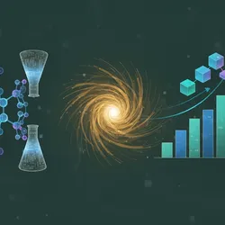 Abstract digital illustration depicting accelerated R&D, showing rapid prototyping, agile feedback loops, data fidelity, and modular pilot-scale scale-up in industrial research.