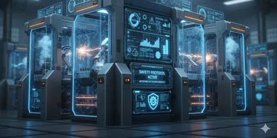 Abstract, symbolic depiction of industrial risk management in a lab, featuring robust gray and blue protective barriers, fortified machinery, and glowing data streams symbolizing effective control and safety vigilance.