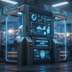 Abstract, symbolic depiction of industrial risk management in a lab, featuring robust gray and blue protective barriers, fortified machinery, and glowing data streams symbolizing effective control and safety vigilance.