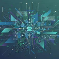 Abstract digital art representing quality control systems, data integrity, and analytical precision in industrial research labs. Features interconnected geometric shapes, flowing lines, and cool blue-green tones.
