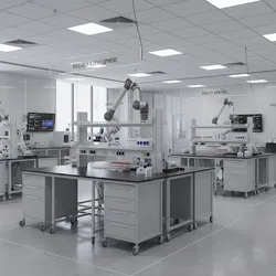 A well-lit, modern industrial laboratory with an open-plan, modular design. The lab features movable benches, integrated utility spines, and advanced automation equipment, specifically several robotic arms at various stations.