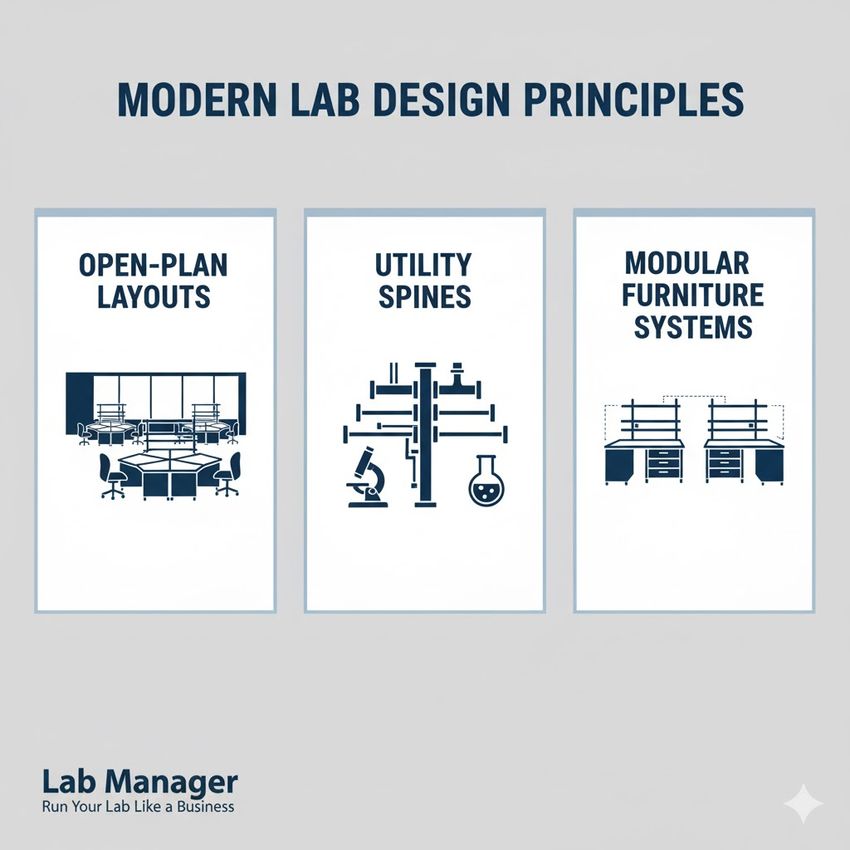 Infographic titled "Modern Lab Design Principles" on a light gray background. Three vertical white panels, each featuring a dark blue flat vector icon and title, representing key flexible lab design concepts. Panel 1: Open-Plan Layouts (Icon: Modern, shared lab workspace with desks and equipment). Panel 2: Utility Spines (Icon: Centralized piping/utility structure next to a microscope and flask). Panel 3: Modular Furniture Systems (Icon: Adjustable lab benches and cabinets shown with dashed lines indicating flexibility). The Lab Manager logo is placed in the bottom-left corner.
