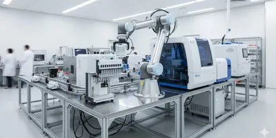 Automated High-Throughput Screening system with robotic arm transferring microplate in research laboratory.