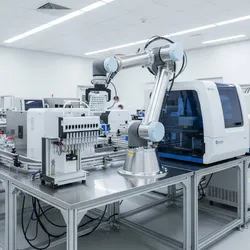 Automated High-Throughput Screening system with robotic arm transferring microplate in research laboratory.