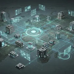 Abstract image representing a clinical diagnostic network with data flowing between labs