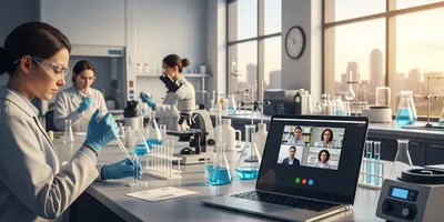 Scientists in a modern laboratory conducting experiments with blue liquid while a laptop shows a remote video conference with colleagues; illustrates hybrid lab work, collaboration, and remote access to scientific discussions.