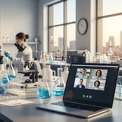 Scientists in a modern laboratory conducting experiments with blue liquid while a laptop shows a remote video conference with colleagues; illustrates hybrid lab work, collaboration, and remote access to scientific discussions.