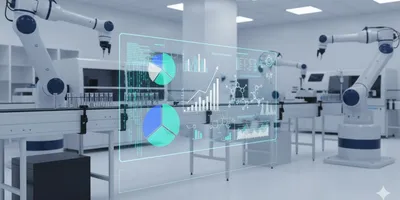 Abstract visualization of a clinical laboratory with robotic automation and a holographic dashboard showing financial data, symbolizing cost control and reimbursement optimization in diagnostics.